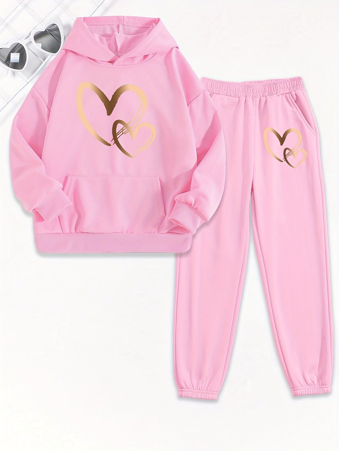 Girls 2pcs Print Hooded Sweatshirt & Letter Print Jogger Pants Set Kids Clothes For Gift, Sports, for Outdoor