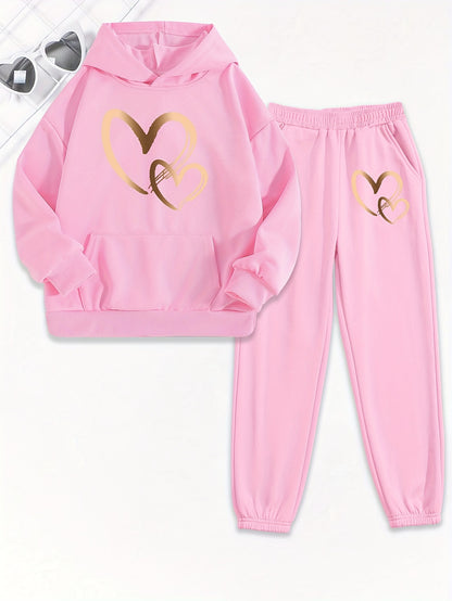 Girls 2pcs Print Hooded Sweatshirt & Letter Print Jogger Pants Set Kids Clothes For Gift, Sports, for Outdoor