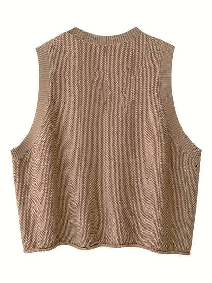Women's Casual Solid Crew Neck Knitted Sleeveless Loose Fit Vest Sweater, Soft and Cozy Winter Clothing