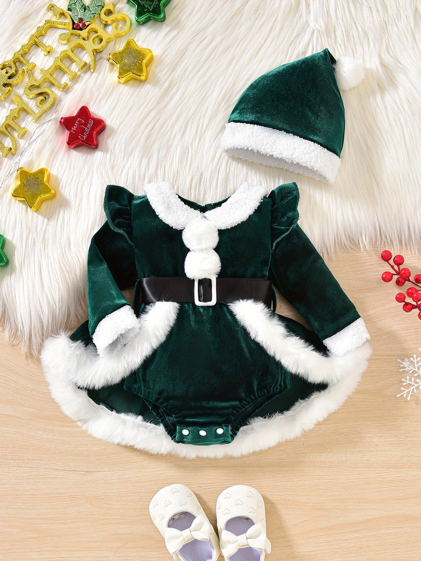 2pcs Set Baby Girls' Soft Plush Patchwork Christmas Romper Dress & Hat Set - Blue & White Winter Outfit with Ruffled Sleeves, Snap Closure Jumpsuit, Machine Washable Winter Clothes for &, Festive Outfit for Christmas Photos &