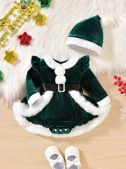 2pcs Set Baby Girls' Soft Plush Patchwork Christmas Romper Dress & Hat Set - Blue & White Winter Outfit with Ruffled Sleeves, Snap Closure Jumpsuit, Machine Washable Winter Clothes for &, Festive Outfit for Christmas Photos &