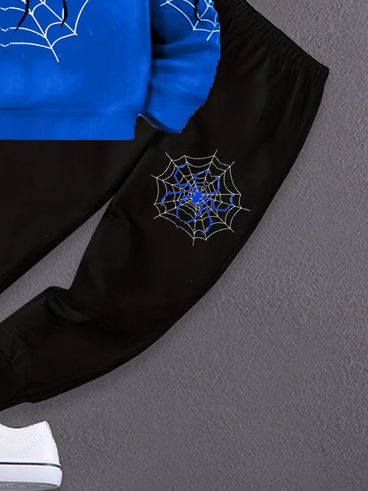 2pcs Boys Cartoon Spider Web Print Creative Long Sleeve Sweatshirt & Pants Sets, Kids Clothes Outdoor