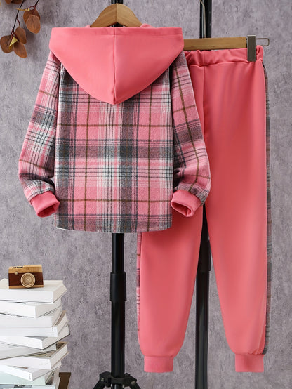 Trendy Girls' 2pcs Outfits, Plaid Hooded Shirt & Jogger Pants with Pocket, Comfy Sets Kids Clothes for Fall Sports