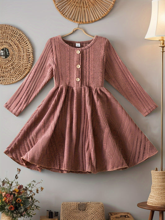 Toddler Girl Long Sleeve Knit Dress For Baby Girls Casual Kids Clothes Soft Slight Stretch Fabric, Button Decor Pleated Hem Perfect For Autumn Winter Seasons