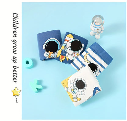 4pcs Kid & Teen Boy's Cotton Boxer Briefs, Cute Cartoon Astronaut Pattern Print Shorts, Comfy Breathable Soft Underwear, Kids Clothes Suitable For All Seasons