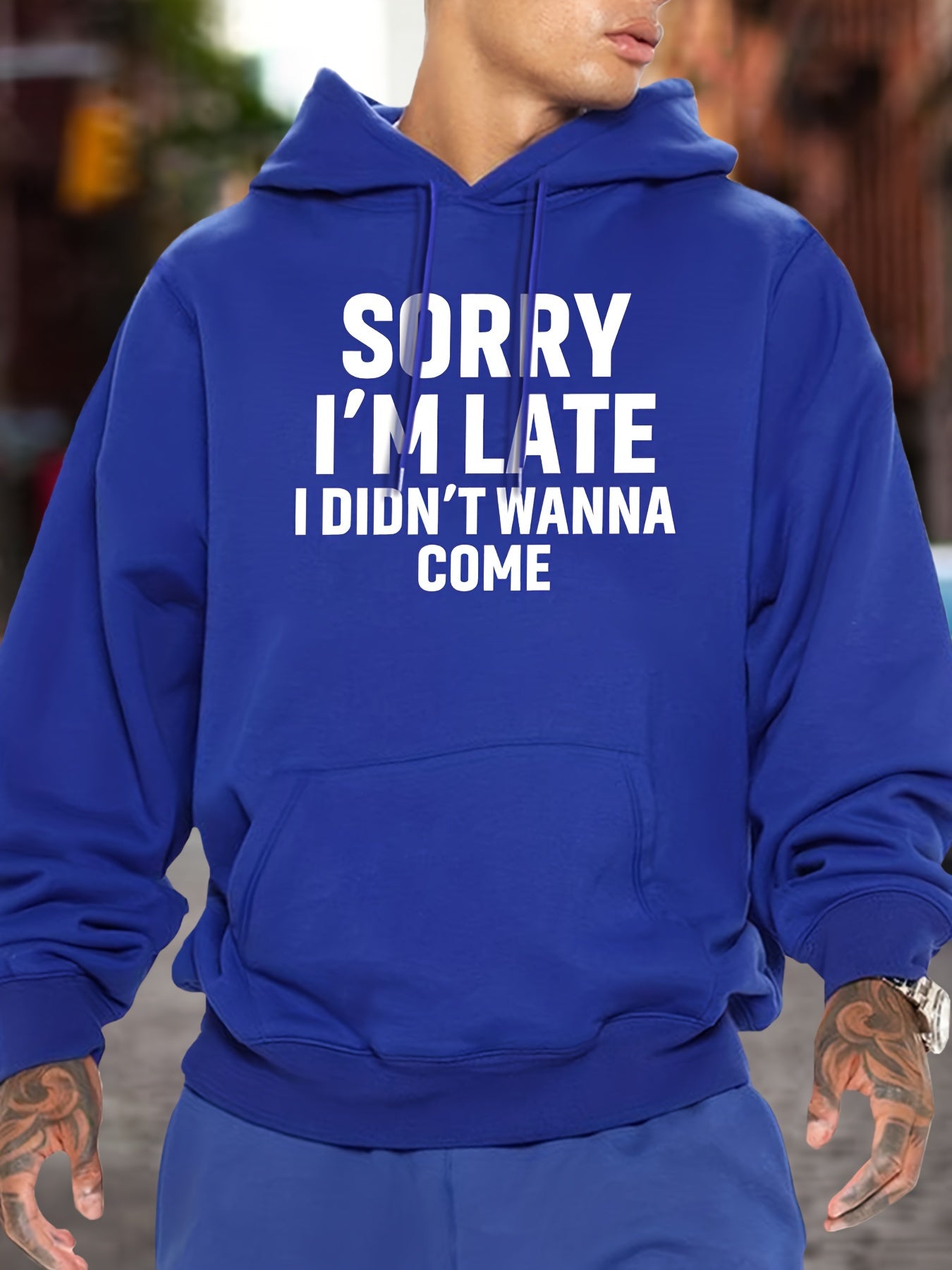 Casual Long Sleeve Hoodies - Sorry I'm Late I Didn't Wanna Come Print Kangaroo Pocket Hoodie - Pullover Sweatshirt for Men, Fall Winter Clothing