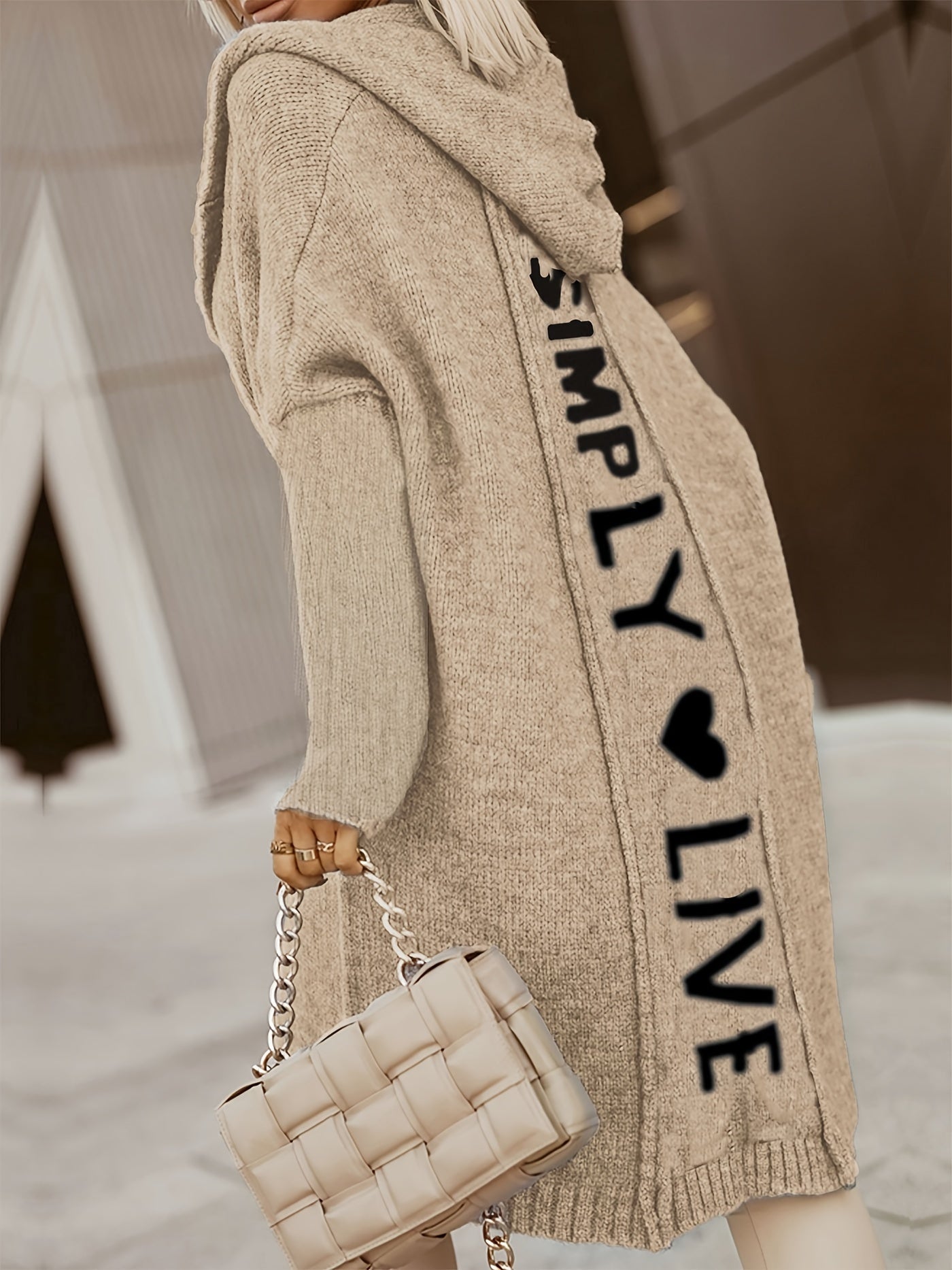 100% Polyester Long Sleeve V-Neck Hooded Knit Cardigan - Women's Casual Sweater with Pocket - Alphabet Pattern Fall/Winter Clothing