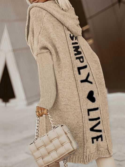 100% Polyester Long Sleeve V-Neck Hooded Knit Cardigan - Women's Casual Sweater with Pocket - Alphabet Pattern Fall/Winter Clothing