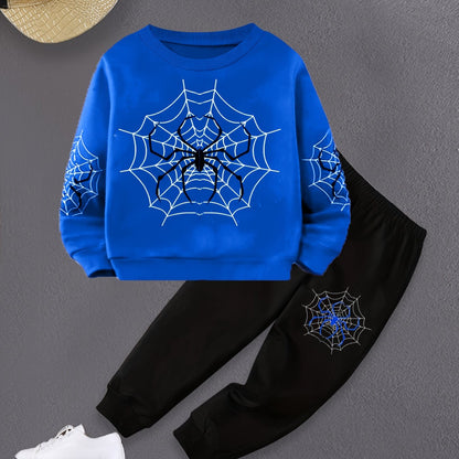 2pcs Boys Cartoon Spider Web Print Creative Long Sleeve Sweatshirt & Pants Sets, Kids Clothes Outdoor