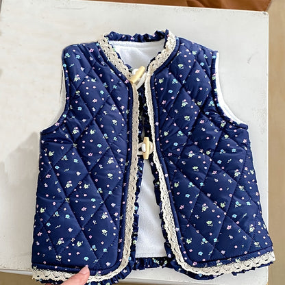Unisex Winter Vest Jacket - Thick Warm Floral Print with Lace Trim & Cotton Padding, Sleeveless Button Front Closure, Navy Blue & White for &, Winter Clothes