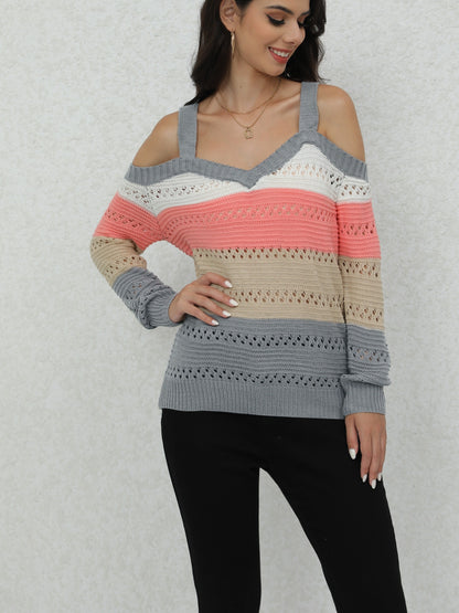 Chic Striped Long Sleeve Cold Shoulder Sweater - Soft, Cozy, Relaxed Fit Pullover for Women - Casual, Versatile, and Comfortable Winter Clothing