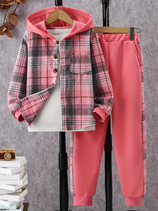 Trendy Girls' 2pcs Outfits, Plaid Hooded Shirt & Jogger Pants with Pocket, Comfy Sets Kids Clothes for Fall Sports