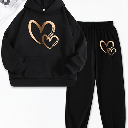 Girls 2pcs Print Hooded Sweatshirt & Letter Print Jogger Pants Set Kids Clothes For Gift, Sports, for Outdoor