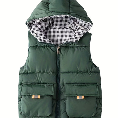 Youth Red Hooded Vest with Large Pockets - Warm Loose Fit Casual Jacket for Fall/Winter, Polyester Filled, Adjustable Hood, Perfect for Outdoor Play, Winter Clothing, Playful Design, Durable Fabric