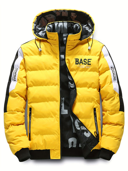 Men's Dual-Sided Winter Jacket - Warm Fleece-Lined, Casual Hooded Outerwear with Zipper Pockets, Beige and Black Camouflage Detail, Polyester, Winter Clothes