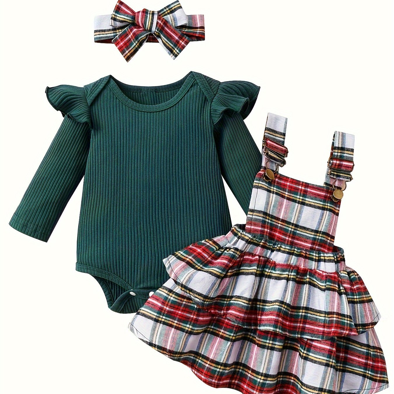 Baby Autumn and Winter Clothing Set Baby Girls 0-18 Months Romper and Plaid Strap Skirt and Headband