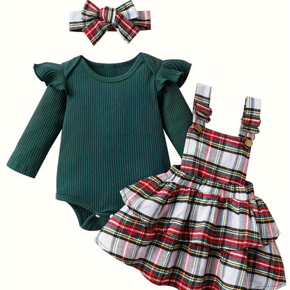 Baby Autumn and Winter Clothing Set Baby Girls 0-18 Months Romper and Plaid Strap Skirt and Headband