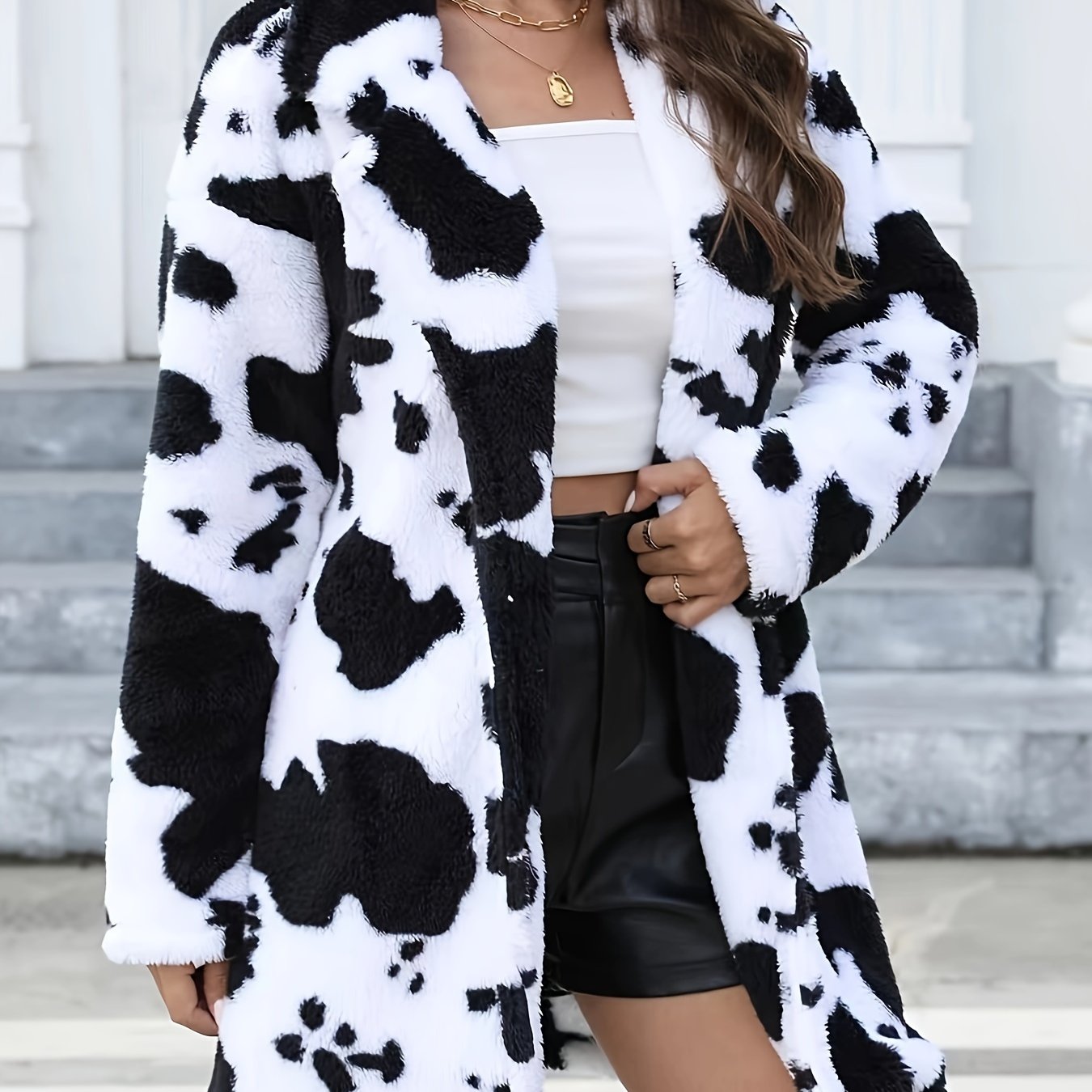 [Dalmatian Print Thermal Coat] Thermal Long Sleeve Dalmatian Print Plush Lapel Coat - Women's Fall & Winter Clothing