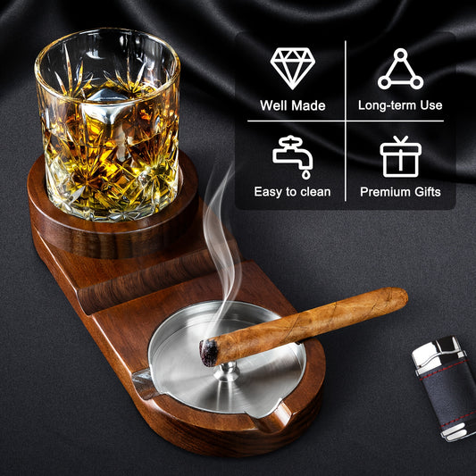 1pc Ashtrays, Whiskey Glass Tray And Cigar Holder For Indoor Outdoor, Wooden Ash Tray Detachable Ashtray For Cigarettes, Cigar Accessories Decor For Home Office Cigar Gifts For Men, Father