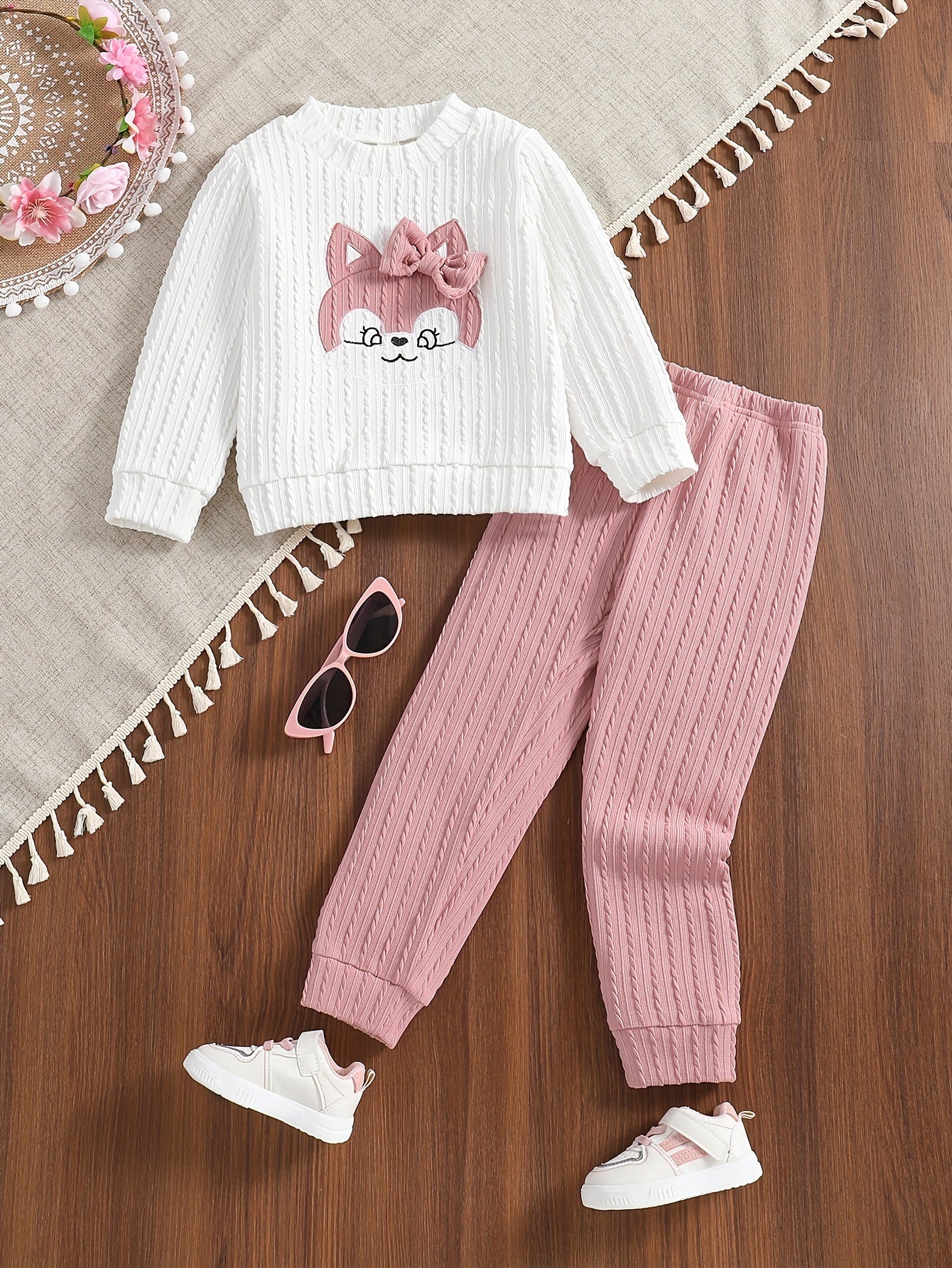 Toddler Girl Cartoon Graphic Bow Front Sweatshirt & Comfy Sweatpants, Kids Clothes For Spring Fall