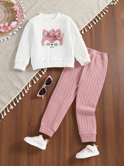 Toddler Girl Cartoon Graphic Bow Front Sweatshirt & Comfy Sweatpants, Kids Clothes For Spring Fall