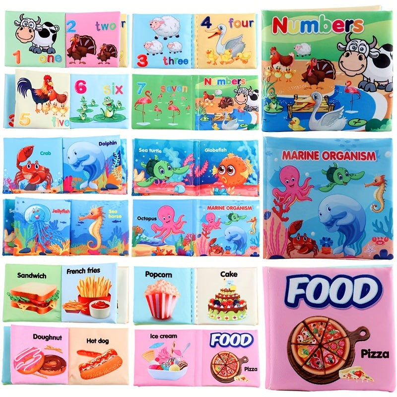 A Set Of 6 Cloth Book Baby Cloth Books Set, Wild Animal Cloth Book, Sea Animal Cloth Book, Fruit Cloth Book, Food Cloth Book Ocean Cloth Book, Character Cloth Book, Early Education Baby Toy Soft Book