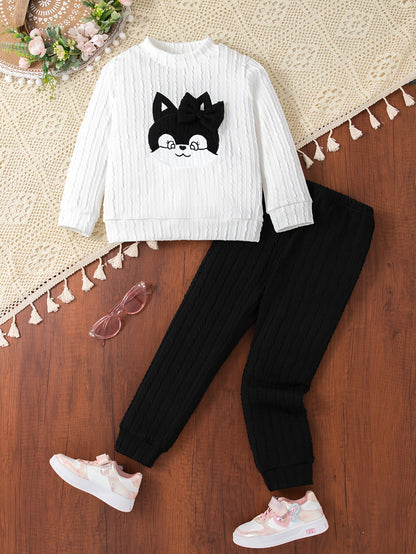 Toddler Girl Cartoon Graphic Bow Front Sweatshirt & Comfy Sweatpants, Kids Clothes For Spring Fall