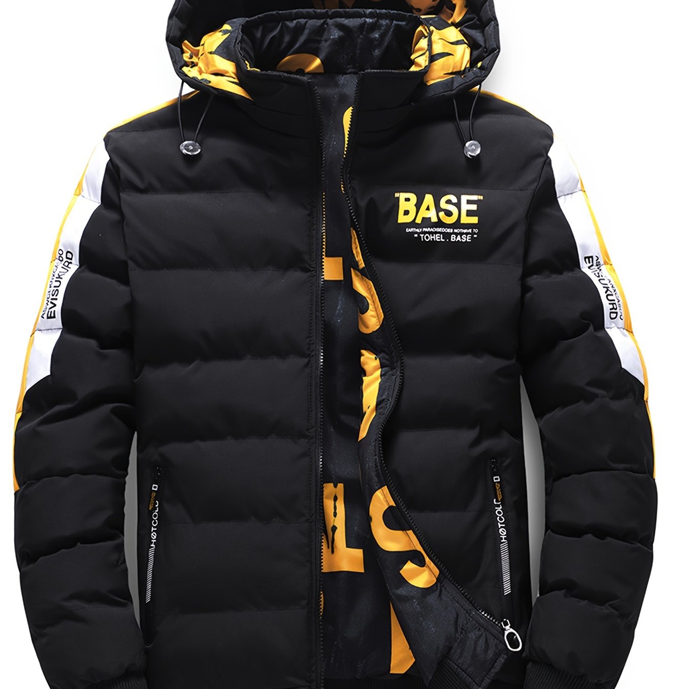 Men's Dual-Sided Winter Jacket - Warm Fleece-Lined, Casual Hooded Outerwear with Zipper Pockets, Beige and Black Camouflage Detail, Polyester, Winter Clothes