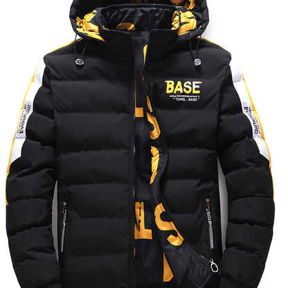 Men's Dual-Sided Winter Jacket - Warm Fleece-Lined, Casual Hooded Outerwear with Zipper Pockets, Beige and Black Camouflage Detail, Polyester, Winter Clothes