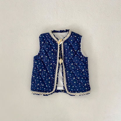 Unisex Winter Vest Jacket - Thick Warm Floral Print with Lace Trim & Cotton Padding, Sleeveless Button Front Closure, Navy Blue & White for &, Winter Clothes
