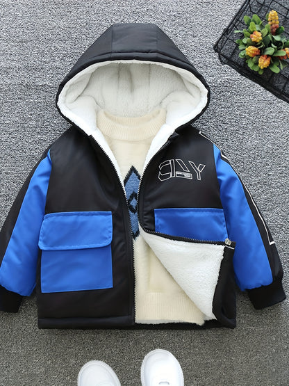 Boys Fashionable Letter Print Color Block Fleece Lining Hooded Jacket With Pockets, Long Sleeve Zip Up Jacket, Kids Clothes For Fall Winter Outdoor
