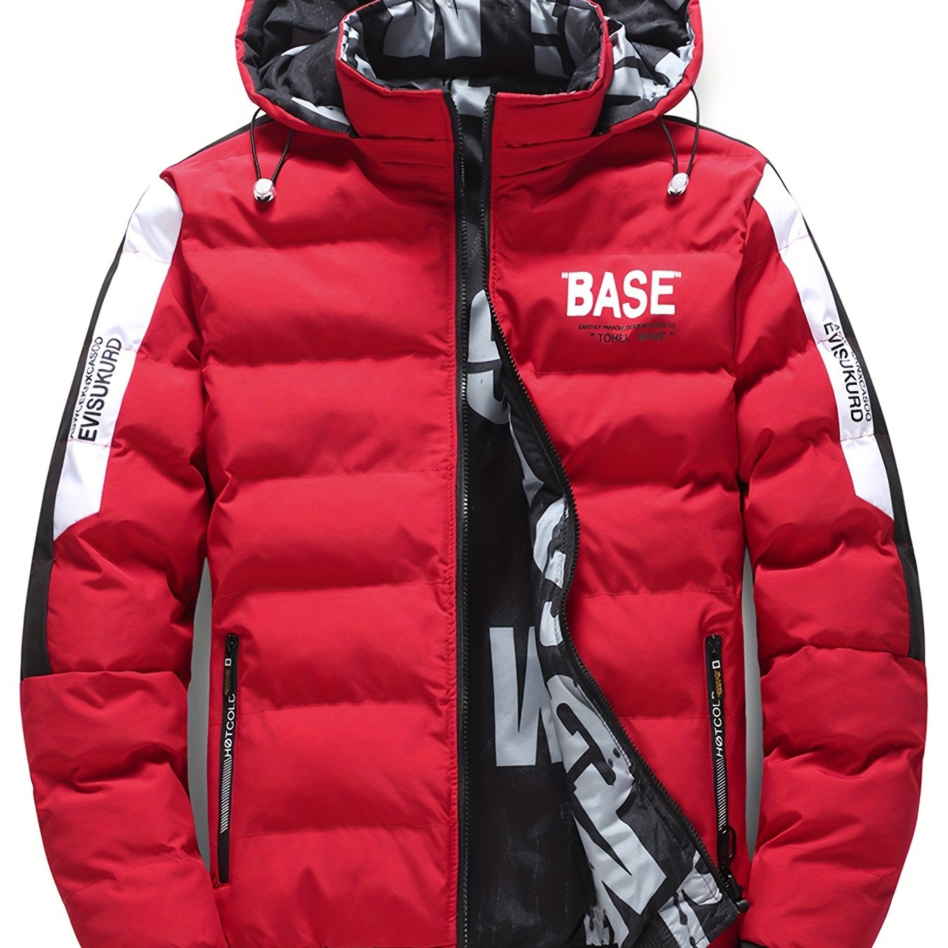Men's Dual-Sided Winter Jacket - Warm Fleece-Lined, Casual Hooded Outerwear with Zipper Pockets, Beige and Black Camouflage Detail, Polyester, Winter Clothes