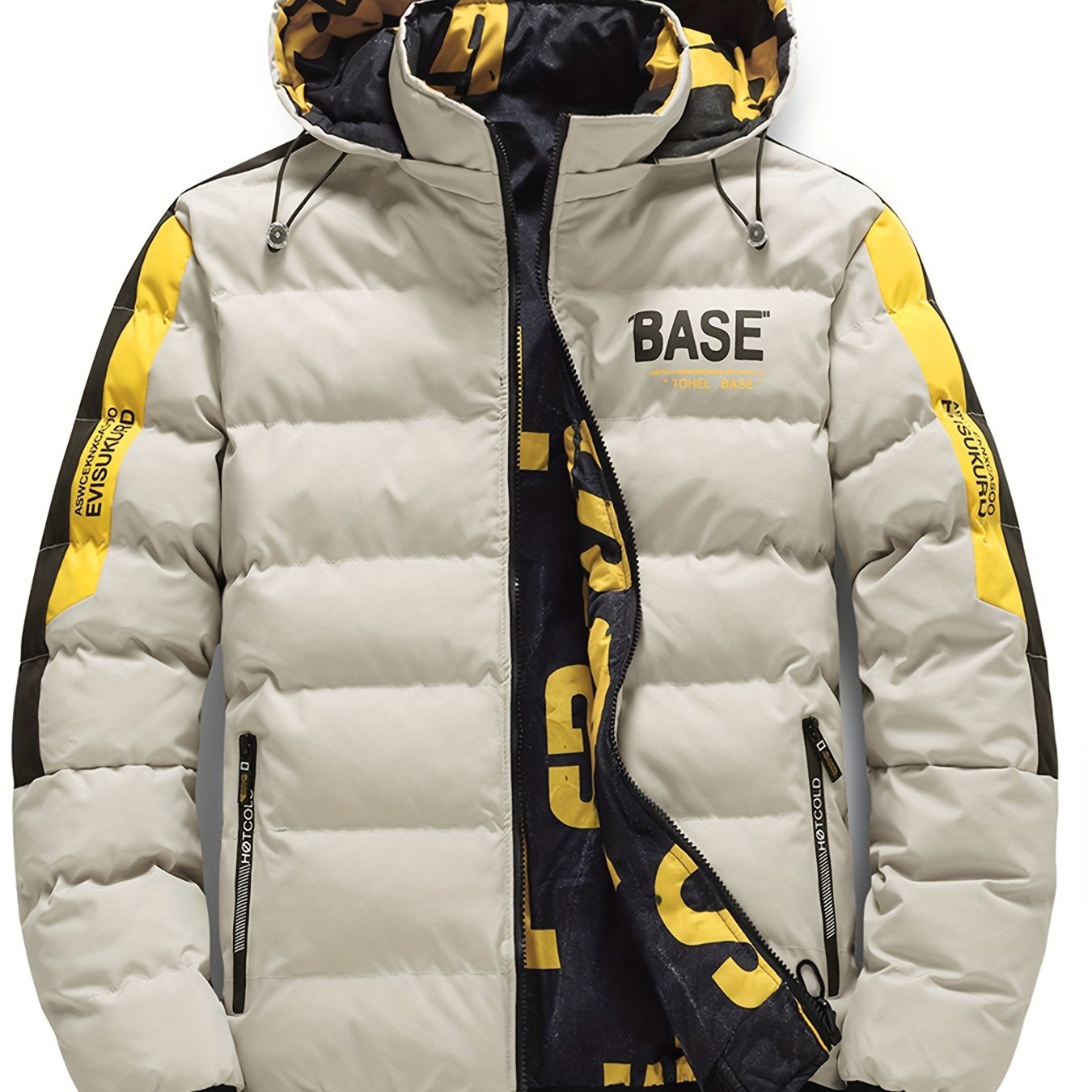Men's Dual-Sided Winter Jacket - Warm Fleece-Lined, Casual Hooded Outerwear with Zipper Pockets, Beige and Black Camouflage Detail, Polyester, Winter Clothes