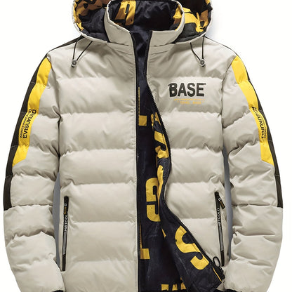 Men's Dual-Sided Winter Jacket - Warm Fleece-Lined, Casual Hooded Outerwear with Zipper Pockets, Beige and Black Camouflage Detail, Polyester, Winter Clothes