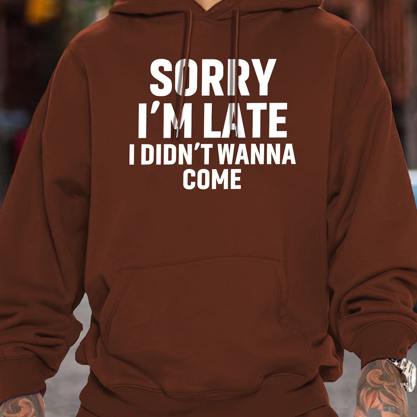 Casual Long Sleeve Hoodies - Sorry I'm Late I Didn't Wanna Come Print Kangaroo Pocket Hoodie - Pullover Sweatshirt for Men, Fall Winter Clothing