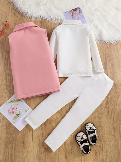 Toddler Girls 3 Packs Set Kids Clothes Solid Lapel Open Front Jacket + Solid Pullover + Pants Set Spring Fall