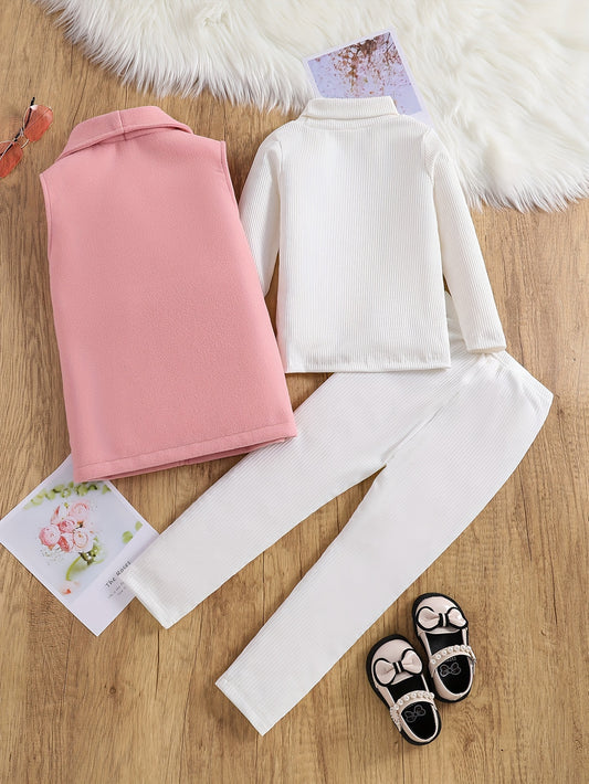 Toddler Girls 3 Packs Set Kids Clothes Solid Lapel Open Front Jacket + Solid Pullover + Pants Set Spring Fall