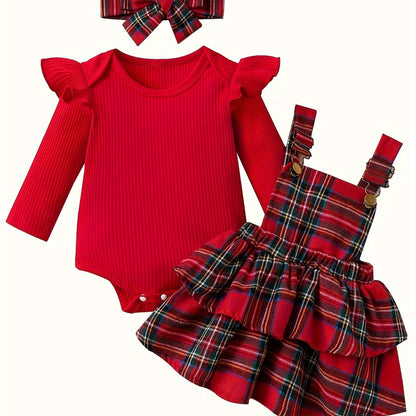 Baby Autumn and Winter Clothing Set Baby Girls 0-18 Months Romper and Plaid Strap Skirt and Headband