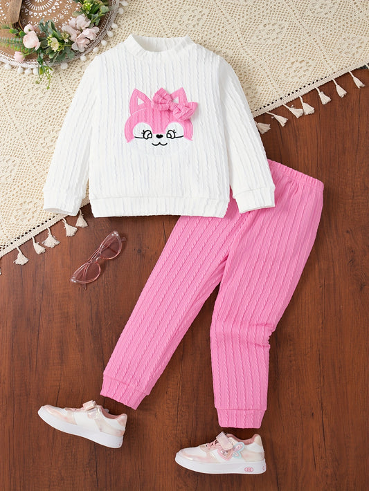 Toddler Girl Cartoon Graphic Bow Front Sweatshirt & Comfy Sweatpants, Kids Clothes For Spring Fall