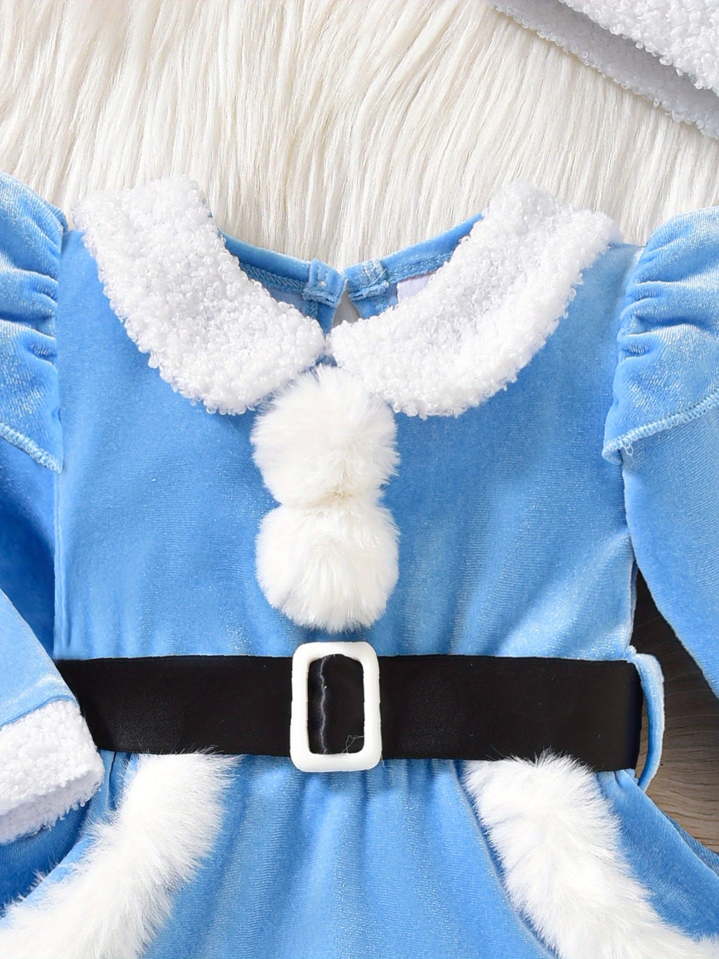 2pcs Set Baby Girls' Soft Plush Patchwork Christmas Romper Dress & Hat Set - Blue & White Winter Outfit with Ruffled Sleeves, Snap Closure Jumpsuit, Machine Washable Winter Clothes for &, Festive Outfit for Christmas Photos &