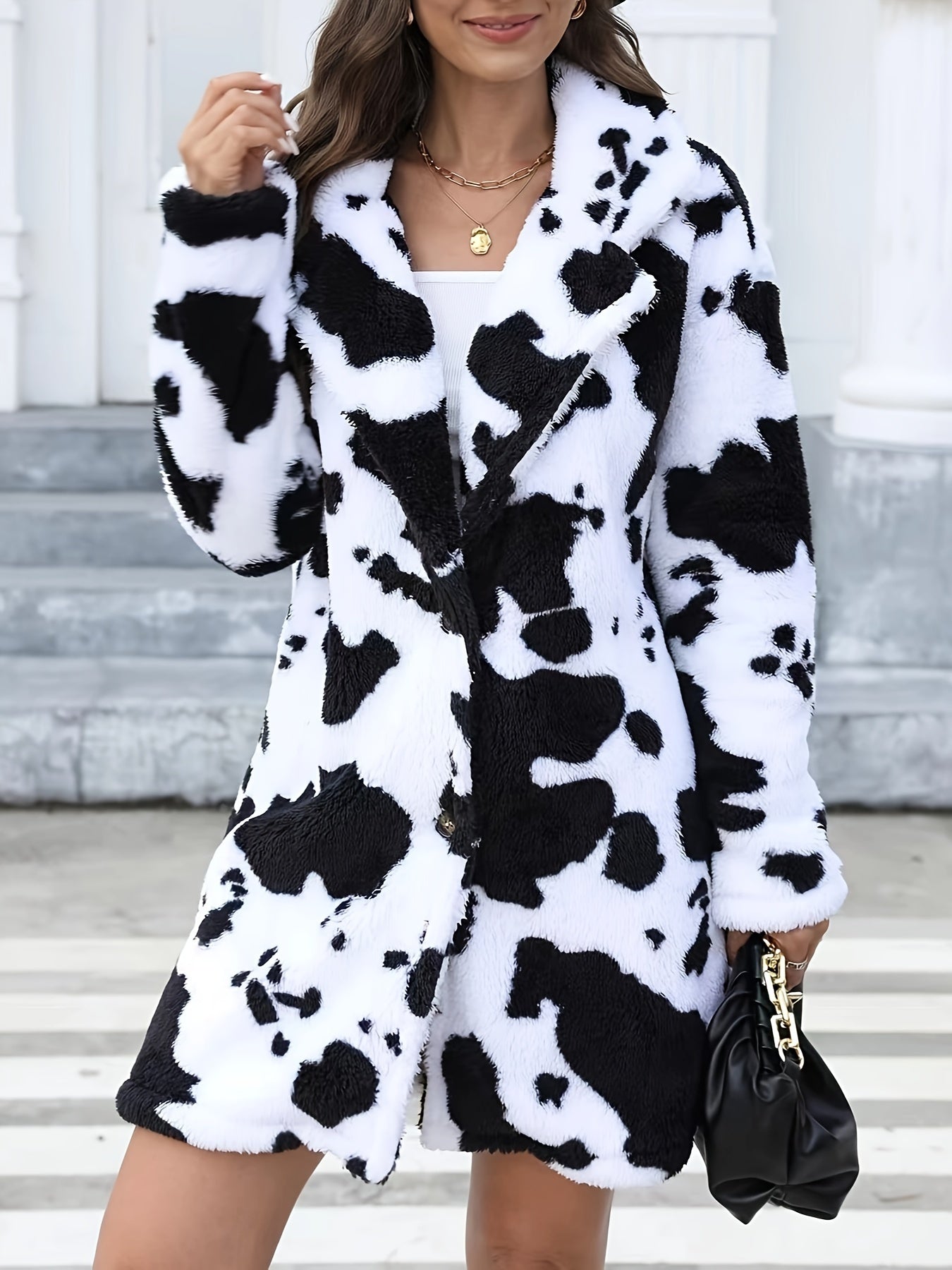 [Dalmatian Print Thermal Coat] Thermal Long Sleeve Dalmatian Print Plush Lapel Coat - Women's Fall & Winter Clothing