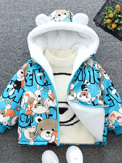 Boys Cartoon Bear Full Print Fleece Lining Hooded Jacket, Long Sleeve Zip Up Warm Jacket, Kids' Clothes For Spring Fall Winter Outdoor