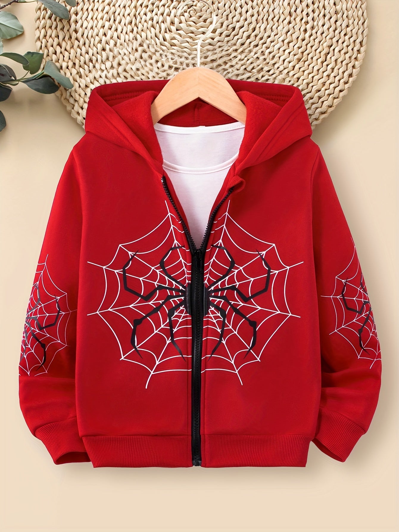 Boys Spider Print Hooded Jacket, Zip Up Warm Fleece Coat, Kids Clothes For Winter & Fall