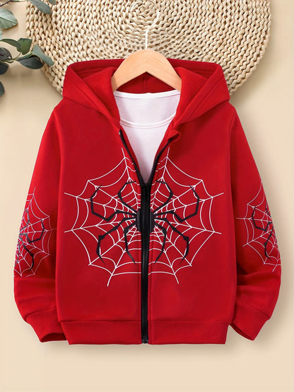 Boys Spider Print Hooded Jacket, Zip Up Warm Fleece Coat, Kids Clothes For Winter & Fall