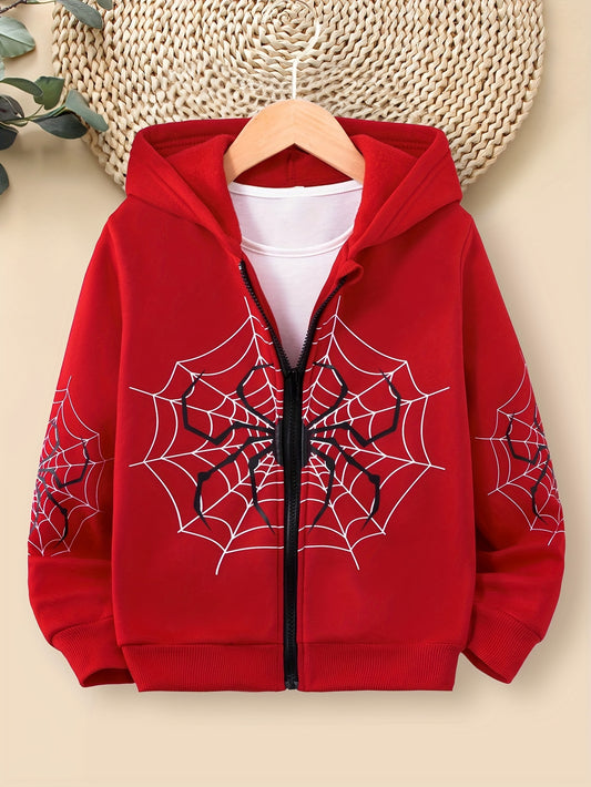 Boys Spider Print Hooded Jacket, Zip Up Warm Fleece Coat, Kids Clothes For Winter & Fall