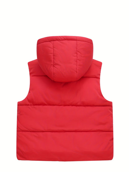 Youth Red Hooded Vest with Large Pockets - Warm Loose Fit Casual Jacket for Fall/Winter, Polyester Filled, Adjustable Hood, Perfect for Outdoor Play, Winter Clothing, Playful Design, Durable Fabric