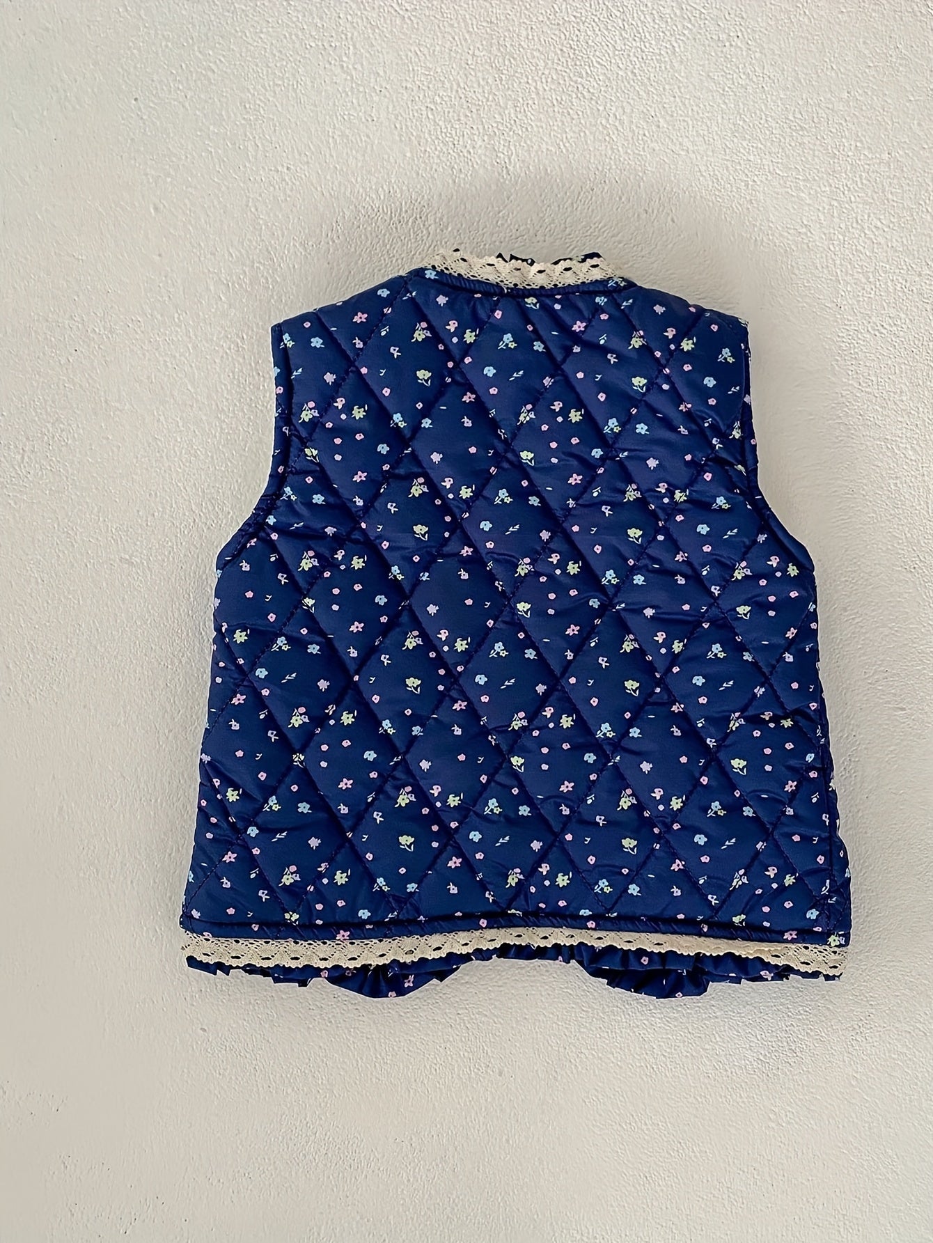 Unisex Winter Vest Jacket - Thick Warm Floral Print with Lace Trim & Cotton Padding, Sleeveless Button Front Closure, Navy Blue & White for &, Winter Clothes