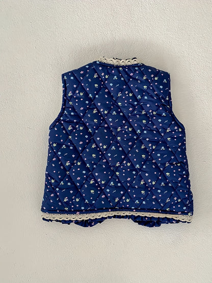 Unisex Winter Vest Jacket - Thick Warm Floral Print with Lace Trim & Cotton Padding, Sleeveless Button Front Closure, Navy Blue & White for &, Winter Clothes