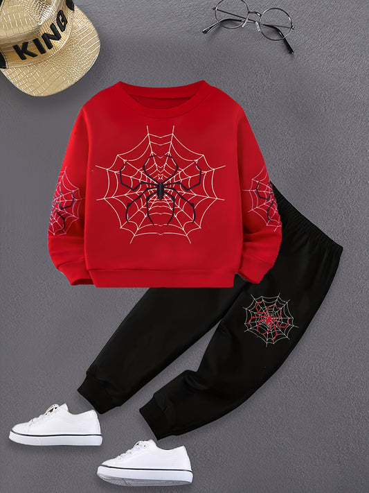 2pcs Boys Cartoon Spider Web Print Creative Long Sleeve Sweatshirt & Pants Sets, Kids Clothes Outdoor