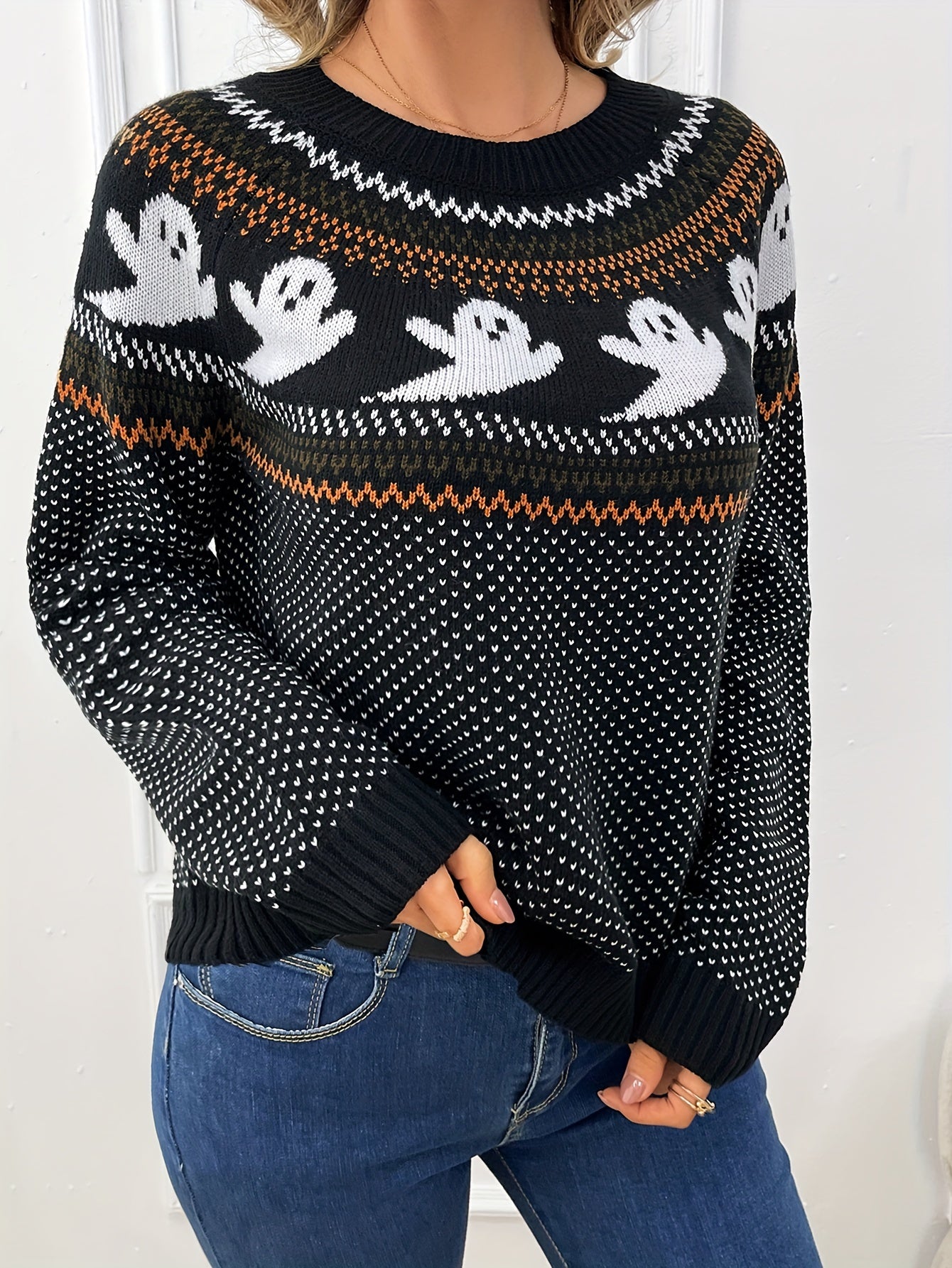 Womens Halloween Ghost Pattern Sweater - Fashionable Long Sleeves, Cozy Crew Neck, Timeless Vintage Style - Premium Autumn/Winter Clothing